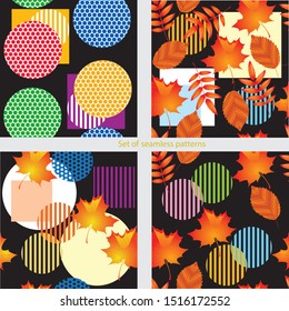 Set of seamless patterns on the autumn theme. Leaves and geometric shapes on a black background. For printing on textiles, Wallpaper. 
packagings.