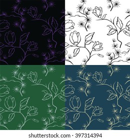 Set of seamless patterns on backgrounds with elegant flowers and branches in the Chinese style.