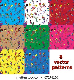 set of seamless patterns on different colored backgrounds