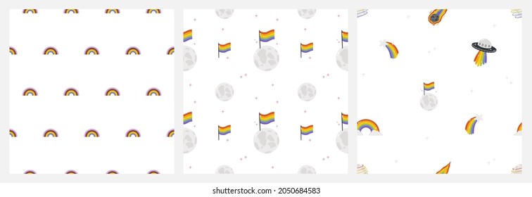 A set of seamless patterns on the LGBTQ theme. Vector illustration with LGBTQ symbols. Rainbow stickers, digital paper, wrapping paper. Happy pride - background.