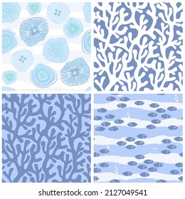 Un conjunto de patrones sin fisuras sobre un adorno marino. Impresión con la imagen de peces, medusas, corales, conchas, formas simples. Gráficos vectoriales.