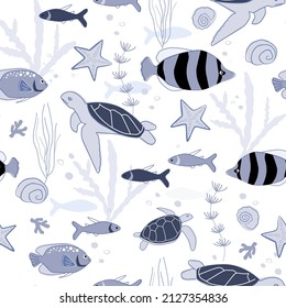 A set of seamless patterns on a marine ornament. Print with the image of fish, jellyfish, coral, shells, turtles of simple shapes. Vector graphics.