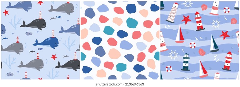 A set of seamless patterns on the marine theme. Whales, ships, yachts, simple shapes, fish, starfish. Vector graphics.