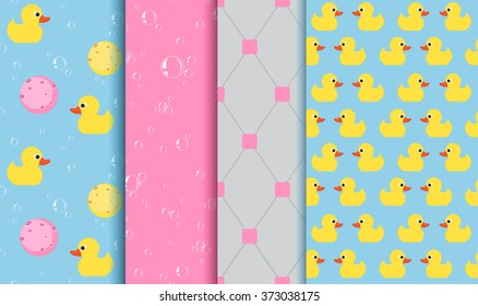 Set of seamless patterns on the subject of bathing , shower , bathtub. Yellow Duckling, lather, bubbles, sponge