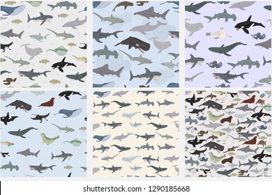 Set of seamless patterns on the theme of sea animals