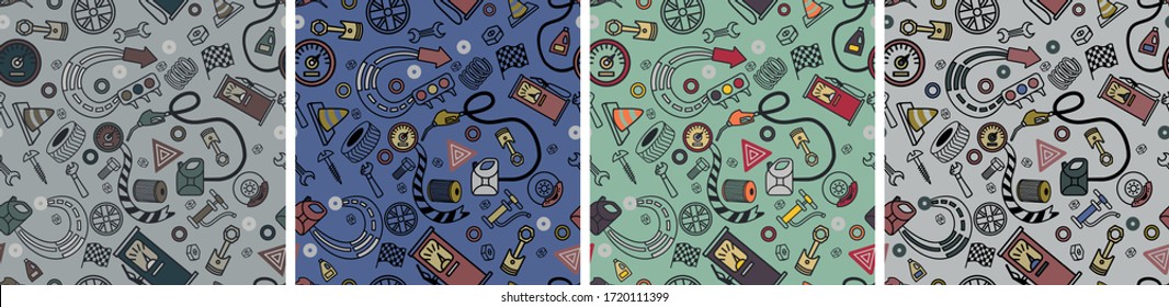 a set of seamless patterns on the theme of cars or auto services. Car parts, on a blue, grey, and blue background. Use it as a pattern for fabric or packaging, business card design or background