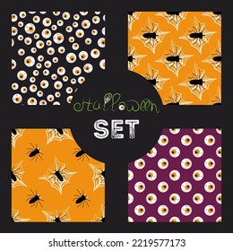 Set of seamless patterns on the theme of Halloween. Vector textures with scary eyeballs, spiders and cobwebs.