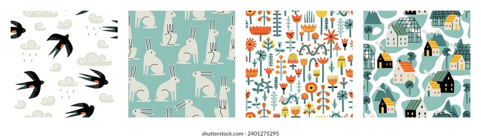 Set of seamless patterns on the theme of spring, swifts, rabbits, rainbows, butterflies, flowers. Vector illustration in flat style.