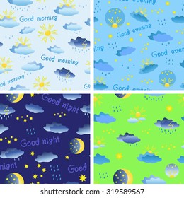 Set of seamless patterns on the theme of weather with rain, sun, clouds and stars. Vector illustration