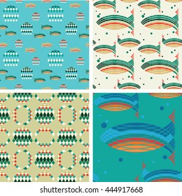 Set of seamless patterns on the theme of the underwater world. Flocks of fish, jellyfish.