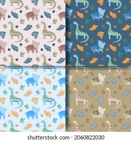 Set of seamless patterns on various backgrounds. Cute dinosaurs with tropical leaves. Jurassic reptiles. Suitable for baby textiles and packaging.