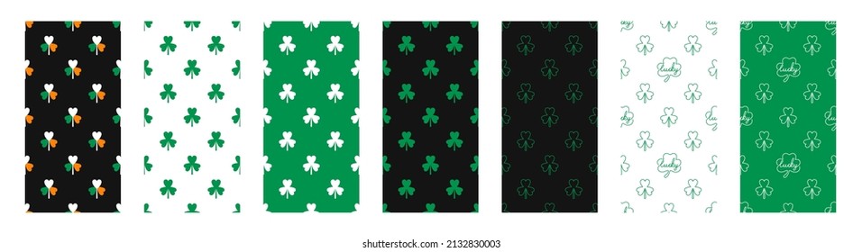 Set seamless patterns one line continuous clover with lucky text and silhouette shamrock with Irish colors flag design for Irish holiday st. Patrick's day vector illustration