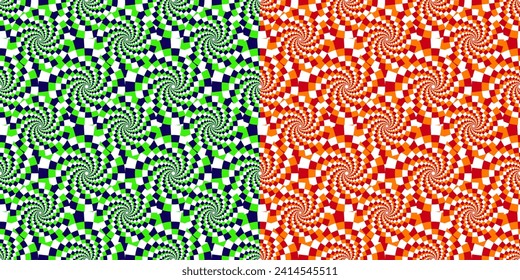 Set Seamless patterns with optical illusion effect. Rotating shimmering circles with high contrast. Vector illustration