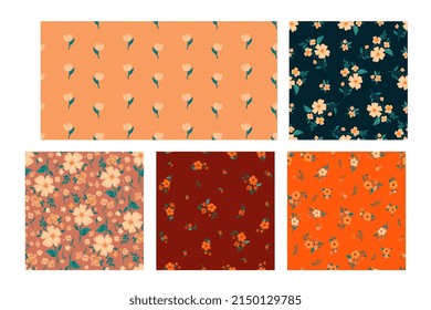 Set of seamless patterns with orange flowers