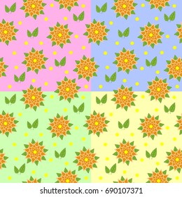 The set of seamless patterns of orange flowers with green leaves on a colored background