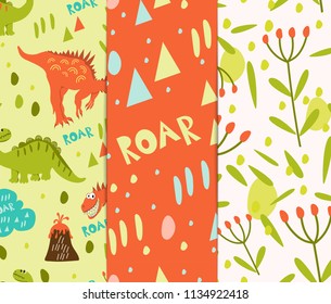 Set of seamless patterns. Orange and green dinosaurs and a volcano. To create a collection of children's clothing, bed linen, fabrics. Style of comics and cartoons