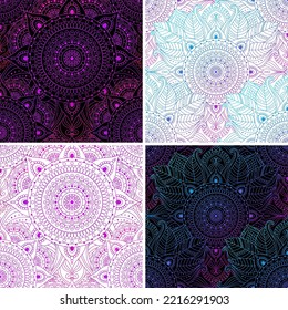 Set of seamless patterns with oriental arabesque, lace floral pattern and circular ornaments mandala, blue and pink gradient, psychedelic background