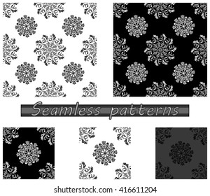 Set of seamless patterns. Ornament, Mandala, zentangle. Black and white vector illustration. Geometric pattern. Boho pattern. 