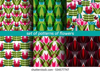set of seamless patterns of ornamental flowers