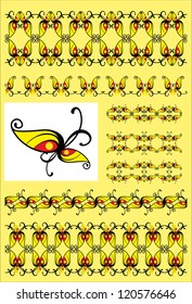 a set of seamless patterns and ornaments created from one element stylized butterfly wing