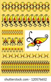 a set of seamless patterns and ornaments created from one element stylized butterfly wing