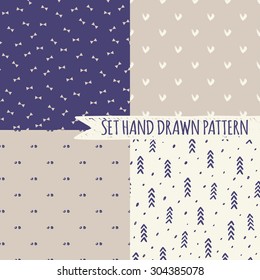 Set of seamless patterns with ornaments hand-drawn pastel colors. Endless texture can be used for web design, printing onto fabric and paper or scrapbooking. Abstract geometric shapes. Vector
