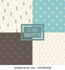 Set of seamless patterns with ornaments hand-drawn pastel colors. Endless texture can be used for web design, printing onto fabric and paper or scrapbooking. Abstract geometric shapes. Vector