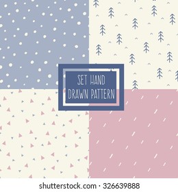 Set of seamless patterns with ornaments hand-drawn pastel colors. Endless texture can be used for web design, printing onto fabric and paper or scrapbooking. Abstract geometric shapes. Vector