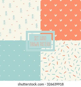 Set of seamless patterns with ornaments hand-drawn pastel colors. Endless texture can be used for web design, printing onto fabric and paper or scrapbooking. Abstract geometric shapes. Vector