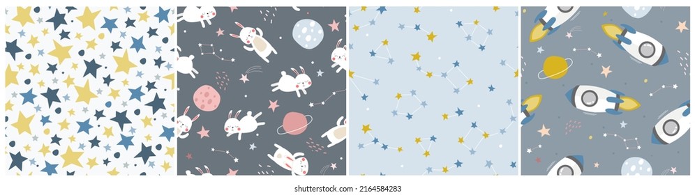A set of seamless patterns with outer space. Rockets, rabbits, stars in the universe. Children's abstract cute pattern. Vector graphics.