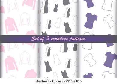 Set of Seamless patterns from outline clothing long, short sleeve tshirt and dress in trendy shades.