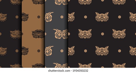 Set of Seamless patterns with owl face. Vector illustration.