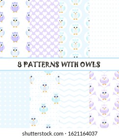 Set of seamless patterns with owls. Cartoon with owl illustration background for baby or children. Vector.