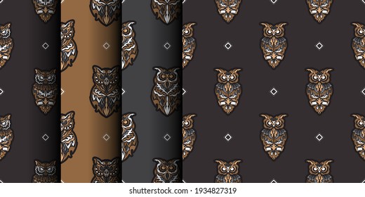 Conjunto de patrones sin fisuras con búhos. Estilo exclusivo. Es bueno para camisetas, postales e impresiones. Ilustración vectorial.