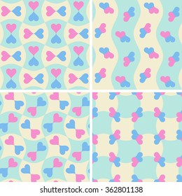 Set of seamless patterns with pairs of blue and pink hearts.
