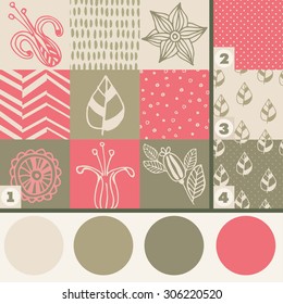 Set of seamless patterns with palette. It can be used for cloth, jackets , bags , notebooks , cards, envelopes , pads , blankets , furniture, packing