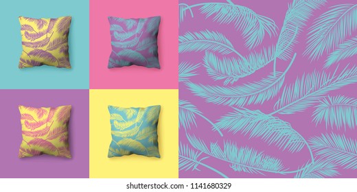 Set of seamless patterns with palm leaves in pastel colors. Vector patterns for wallpaper, wrapping paper, textiles, fabrics, backgrounds. Pillows with seamless pattern of palm branches. EPS10