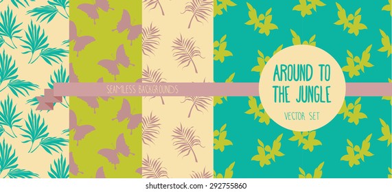 set of seamless patterns  with palm leaves, butterflies and flowers, vector illustration