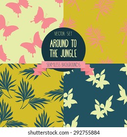 set of seamless patterns  with palm leaves, butterflies and flowers, vector illustration
