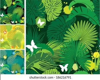 Set of seamless patterns with palm trees leaves and butterflies. Ready to use as swatch.