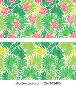 Set of seamless patterns with palm trees leaves  and  Frangipani flowers.