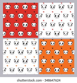 Set of seamless patterns with pandas and stars. Wrapping paper, cloth. Sketch, doodles, design elements. Hand drawing. Vector.