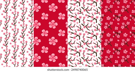 Set of seamless patterns with paper cut stylized blooming sakura branches and flowers. Seasonal Japanese natural backgrounds.