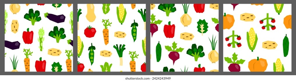 Set of seamless patterns with papercraft vegetables in modern style. Background with veggies.