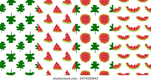 Set of seamless patterns with papercraft watermelon slices and leaves.