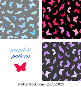 Set of seamless patterns with pastel and bright purple, blue and pink butterflies on a dark background