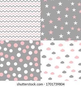 Set of seamless patterns in pastel colors for baby design. Vector illustration