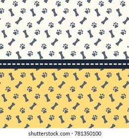 Set of seamless patterns with paws and bones. Footprints dogs. Vector illustration.