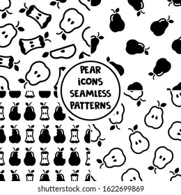 Set of seamless patterns with pears; black and white vector illustration; simple design for fabric, wallpaper, package, tablecloth, wrapping paper, web design.