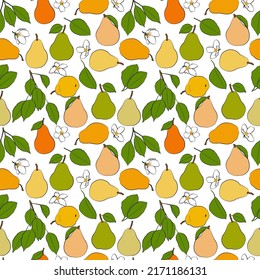 A set of seamless patterns of pears, leaves, fruits and flowers, 1000x1000 pixels. Vector graphics